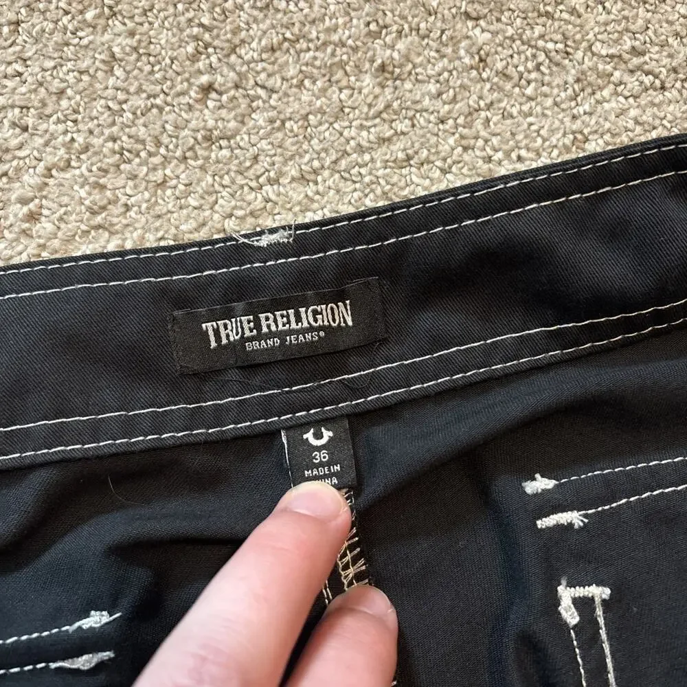 True Religion Men's Cargo Pants Jet Black White Stitching Size 36 Flap Pockets